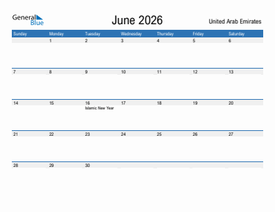 Current month calendar with United Arab Emirates holidays for June 2026
