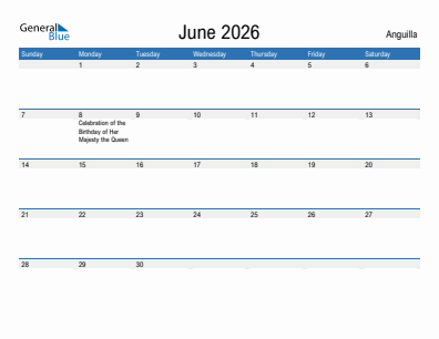 Current month calendar with Anguilla holidays for June 2026
