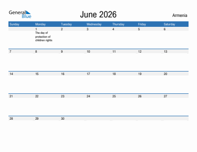 Current month calendar with Armenia holidays for June 2026