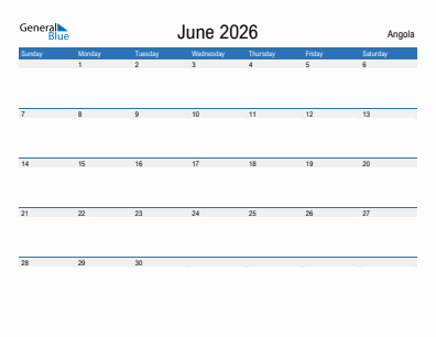 Current month calendar with Angola holidays for June 2026