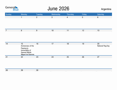 Current month calendar with Argentina holidays for June 2026