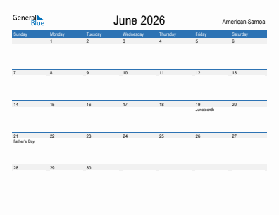 Current month calendar with American Samoa holidays for June 2026
