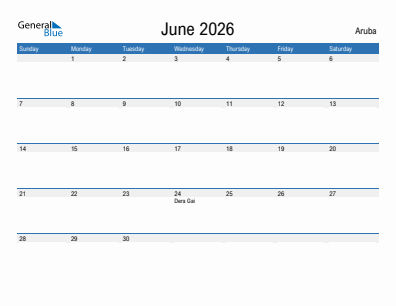 Current month calendar with Aruba holidays for June 2026