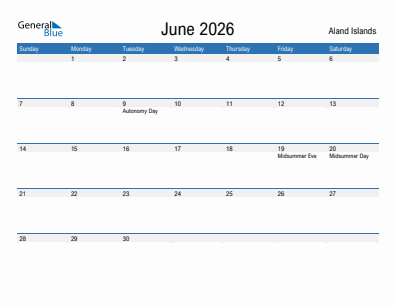 Current month calendar with Aland Islands holidays for June 2026