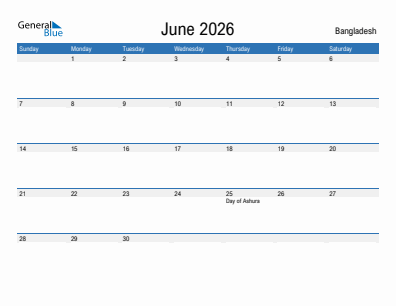 Current month calendar with Bangladesh holidays for June 2026