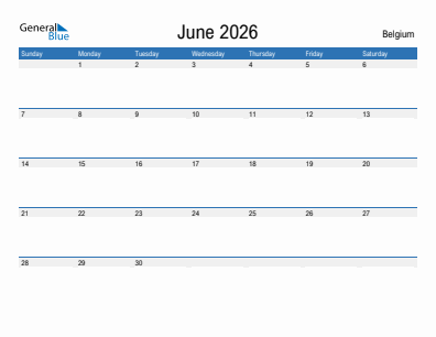 Current month calendar with Belgium holidays for June 2026
