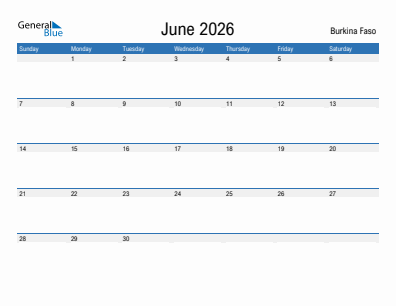 Current month calendar with Burkina Faso holidays for June 2026