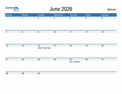 Current month calendar with Bahrain holidays for June 2026