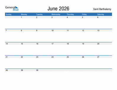 Current month calendar with Saint Barthelemy holidays for June 2026