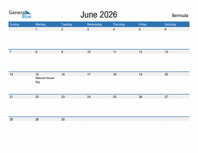 Current month calendar with Bermuda holidays for June 2026