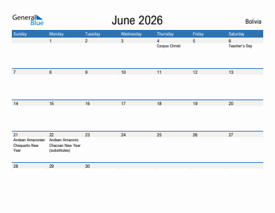 Current month calendar with Bolivia holidays for June 2026