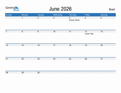 Current month calendar with Brazil holidays for June 2026