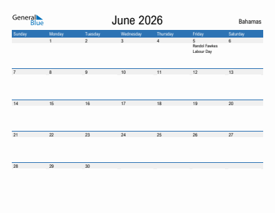 Current month calendar with Bahamas holidays for June 2026
