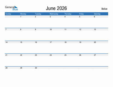 Current month calendar with Belize holidays for June 2026