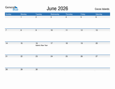 Current month calendar with Cocos Islands holidays for June 2026