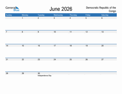 Current month calendar with Democratic Republic of the Congo holidays for June 2026