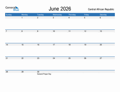 Current month calendar with Central African Republic holidays for June 2026