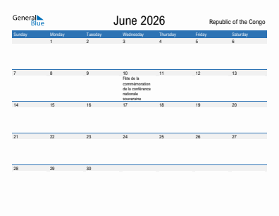 Current month calendar with Republic of the Congo holidays for June 2026