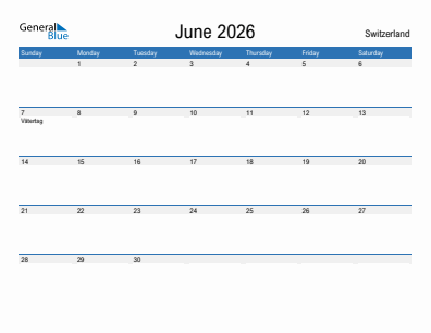 Current month calendar with Switzerland holidays for June 2026