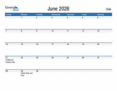Current month calendar with Chile holidays for June 2026