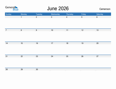 Current month calendar with Cameroon holidays for June 2026