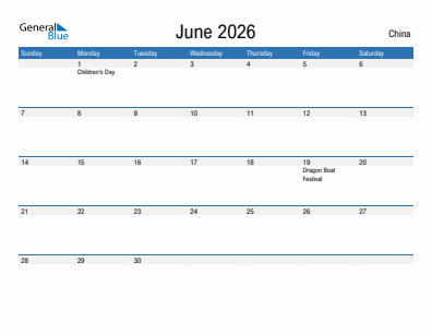 Current month calendar with China holidays for June 2026