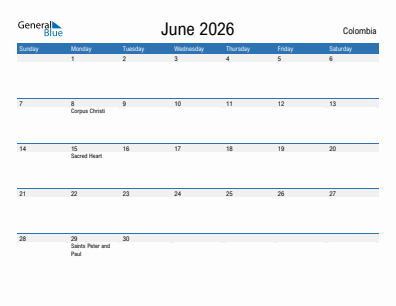 Current month calendar with Colombia holidays for June 2026