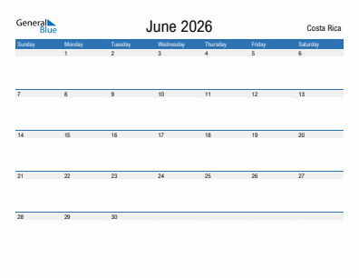 Current month calendar with Costa Rica holidays for June 2026