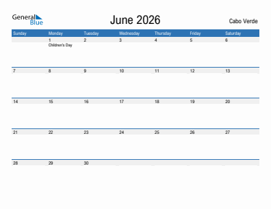 Current month calendar with Cabo Verde holidays for June 2026