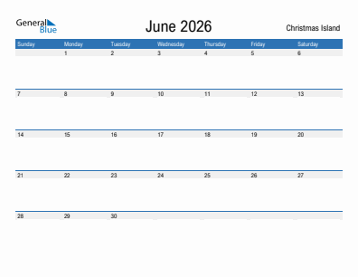 Current month calendar with Christmas Island holidays for June 2026