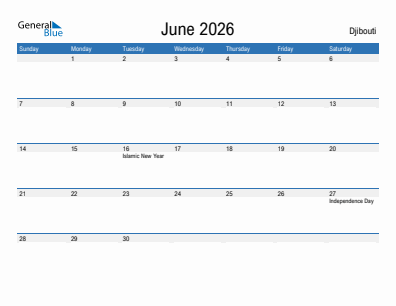 Current month calendar with Djibouti holidays for June 2026