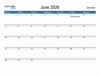 Current month calendar with Denmark holidays for June 2026