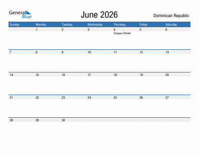 Current month calendar with Dominican Republic holidays for June 2026