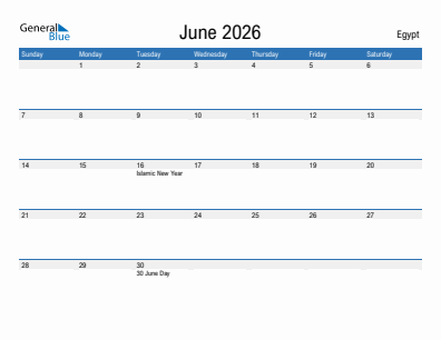 Current month calendar with Egypt holidays for June 2026