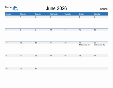 Current month calendar with Finland holidays for June 2026