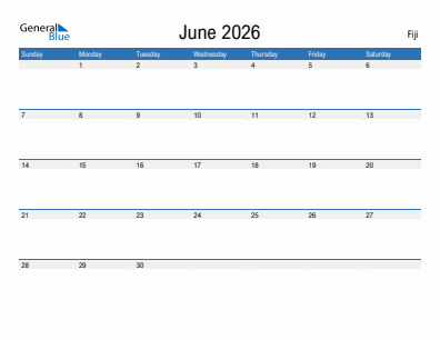 Current month calendar with Fiji holidays for June 2026
