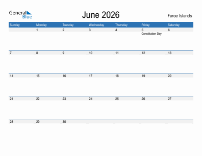 Current month calendar with Faroe Islands holidays for June 2026