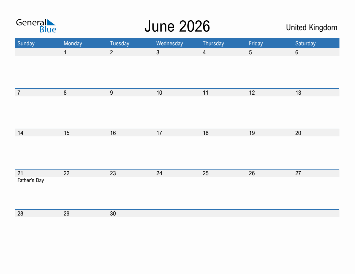 June 2026 Monthly Calendars with United Kingdom Holidays