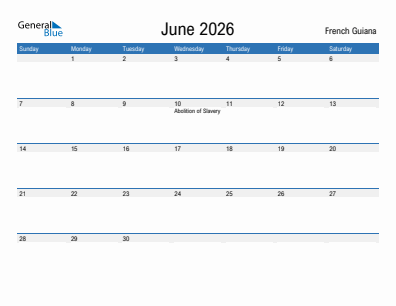 Current month calendar with French Guiana holidays for June 2026