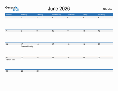 Current month calendar with Gibraltar holidays for June 2026