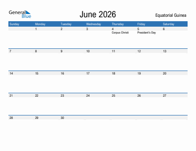 Current month calendar with Equatorial Guinea holidays for June 2026