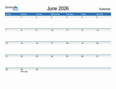 Current month calendar with Guatemala holidays for June 2026