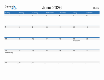 Current month calendar with Guam holidays for June 2026