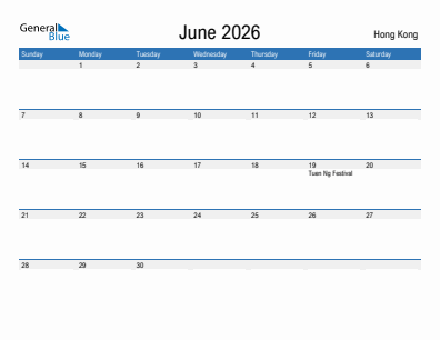 Current month calendar with Hong Kong holidays for June 2026
