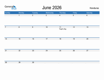 Current month calendar with Honduras holidays for June 2026