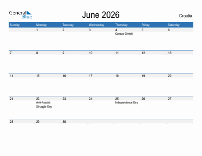 Current month calendar with Croatia holidays for June 2026