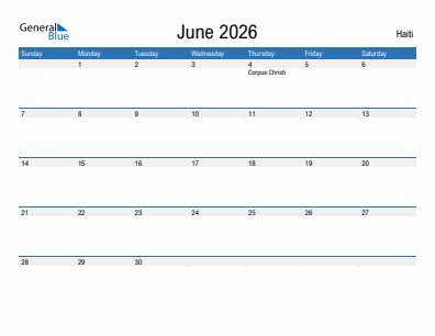 Current month calendar with Haiti holidays for June 2026