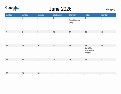 Current month calendar with Hungary holidays for June 2026