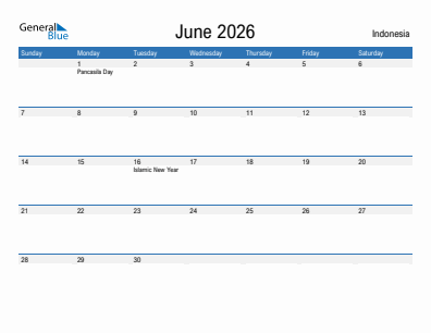 Current month calendar with Indonesia holidays for June 2026