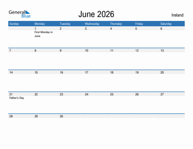 Current month calendar with Ireland holidays for June 2026